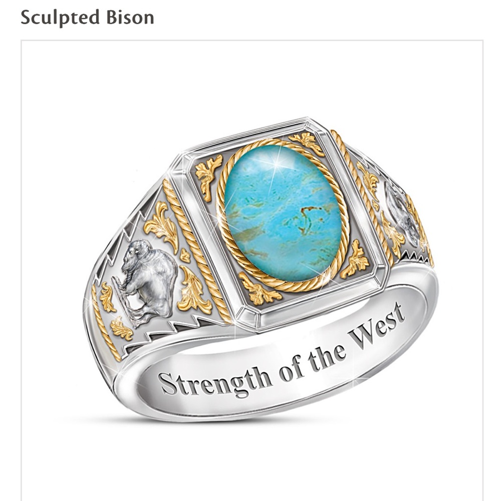 "Strength Of The West" Turquoise Ring With Sculpted Bison New in Box Size 14